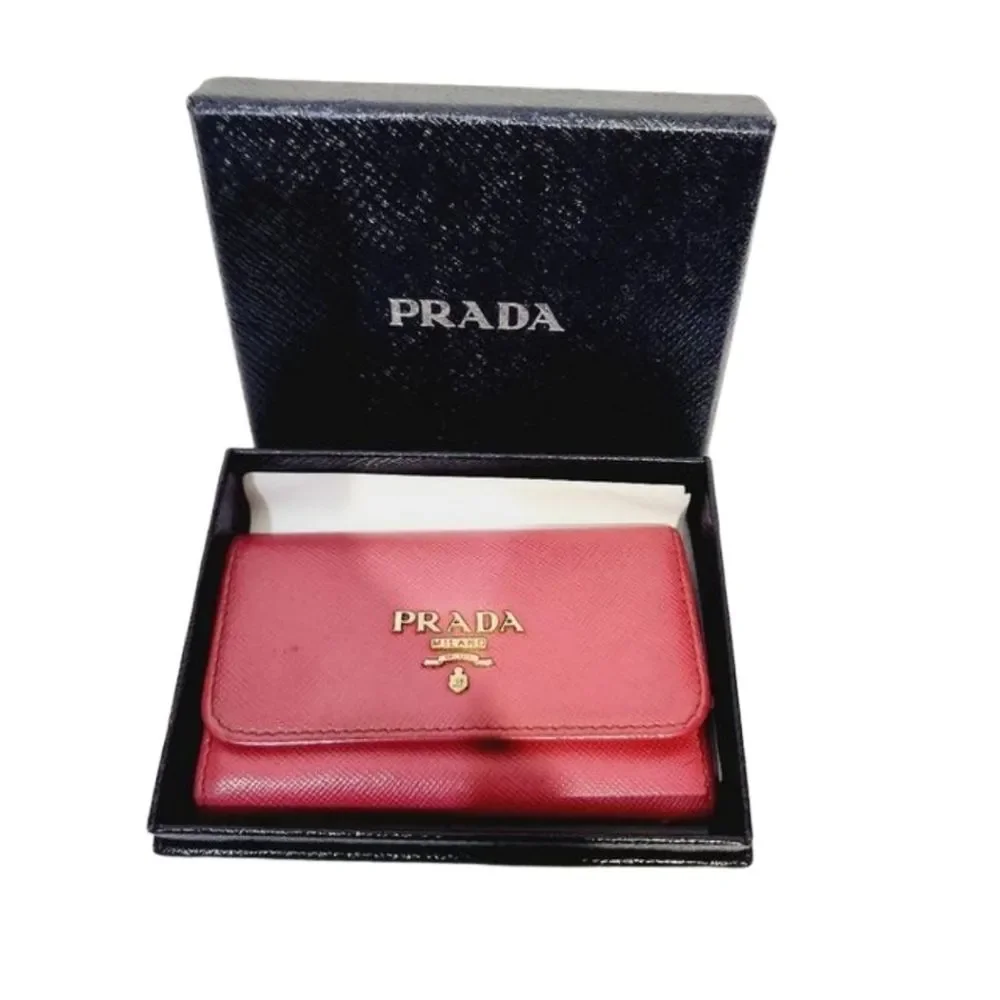 PRADA authentic Saffiano leather red / pink key card case with box